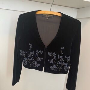 Donna Ricco Petite Black Velvet Bolero Jacket with Blue Floral Design